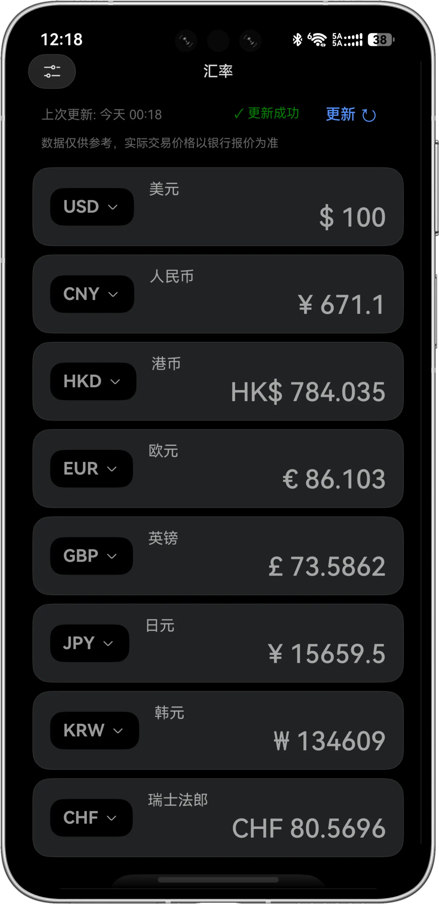 CalculatorX 汇率模式显示更新时间、货币卡片和金额输入键盘