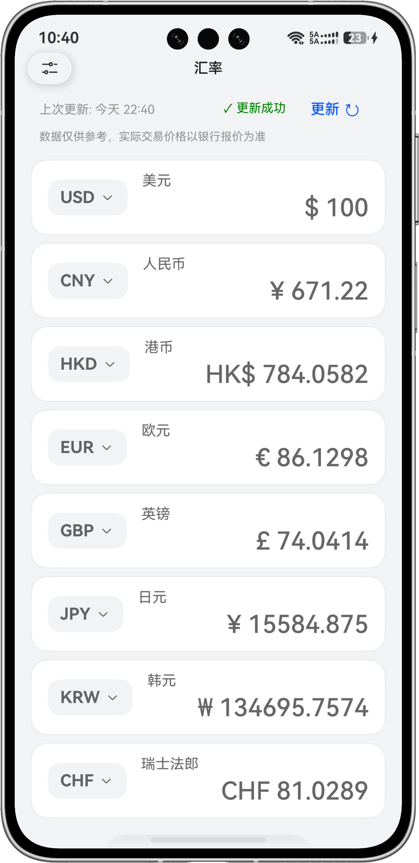 CalculatorX 汇率换算界面,展示多种货币的同步换算结果